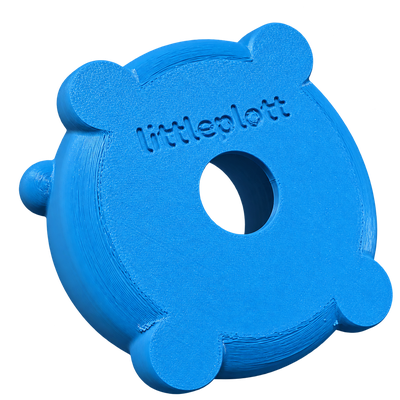 Blauer Monster-Eisbecherhalter – Unterseite mit littleplott-Schriftzug