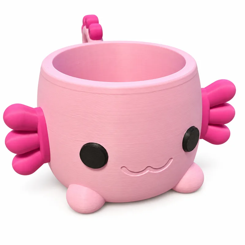 Rosa Axolotl-Eisbecherhalter mit schwarzen Augen, Lächeln und pinken Kiemen – Vorderansicht