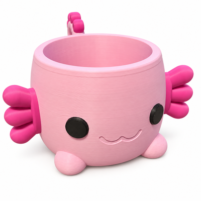 Rosa Axolotl-Eisbecherhalter mit schwarzen Augen, Lächeln und pinken Kiemen – Vorderansicht