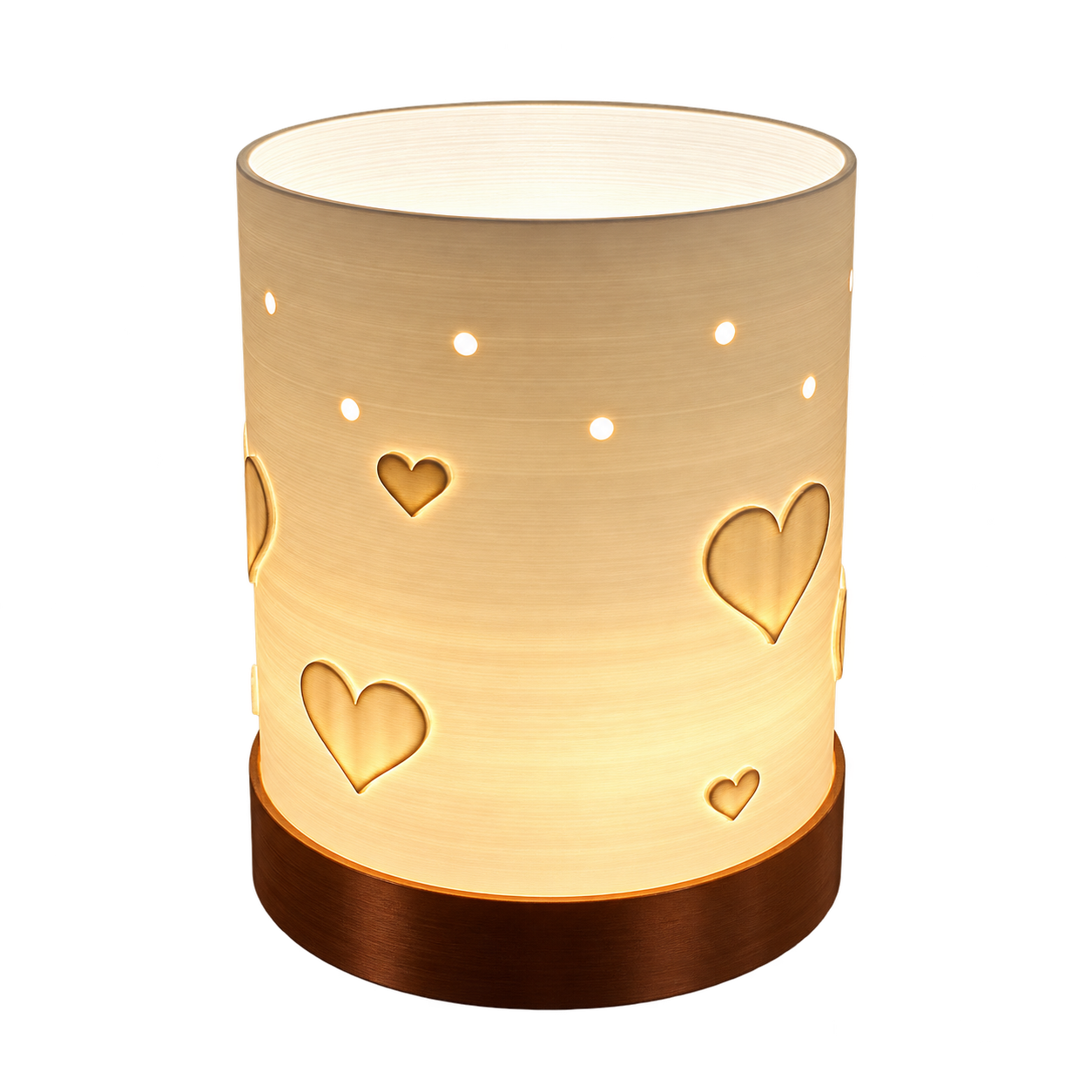 Beleuchtete Herzlampe mit weißem Schirm, Herzmotiven, kleinen Lichtpunkten und goldfarbenem Sockel