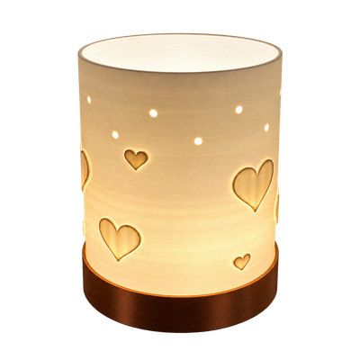 Beleuchtete Herzlampe mit weißem Schirm, Herzmotiven, kleinen Lichtpunkten und goldfarbenem Sockel