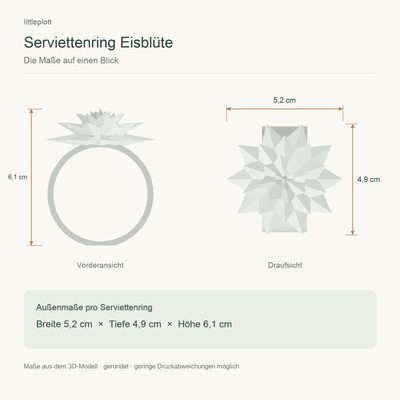Maße des Serviettenrings Eisblüte: Breite 5,2 cm, Tiefe 4,9 cm, Höhe 6,1 cm
